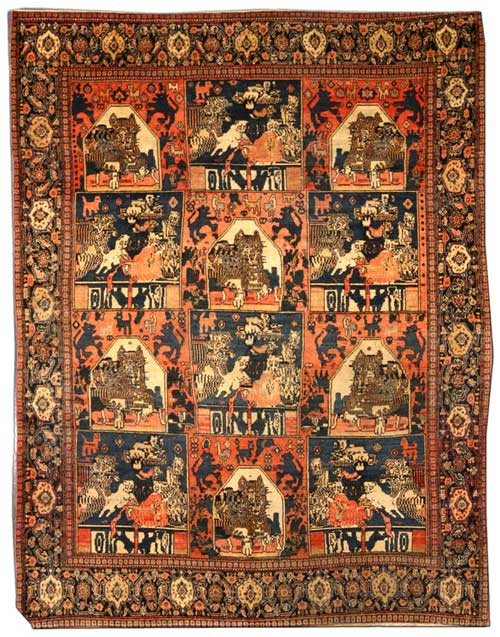 Antique carpet Persian senneh orange figurative botanical bb4204 7x5
