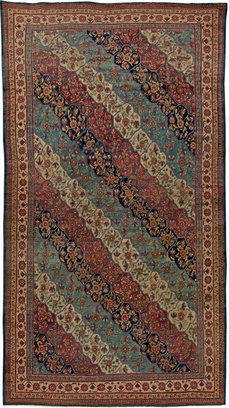 decorative antique rug - Persian kirman, blue, botanical