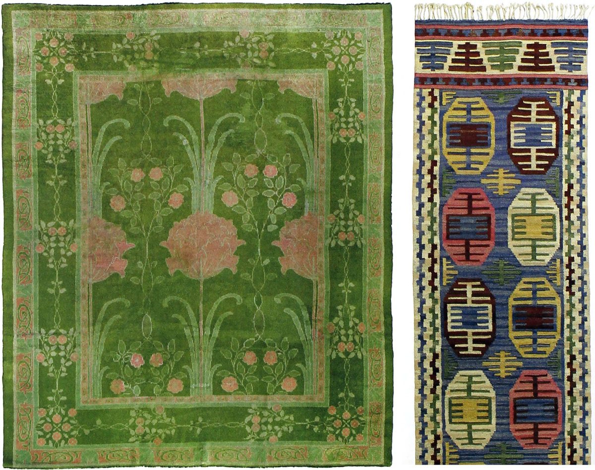 From left: C.F.A. Voysey carpet, first quarter 20th century, hand-woven wool; Marta Maas-Fjetterstrom, Dukater flatweave runner, 1924, hand-woven wool.