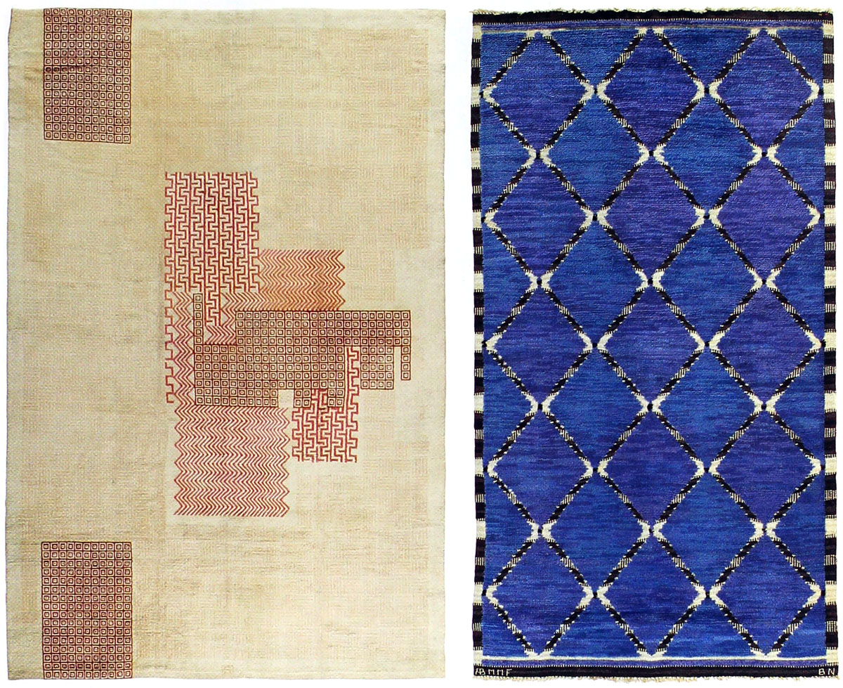 From left: Ivan da Silva Bruhns, pile carpet, second quarter 20th century, hand-woven wool; Barbro Nilsson, Snedrutan half-pile carpet.