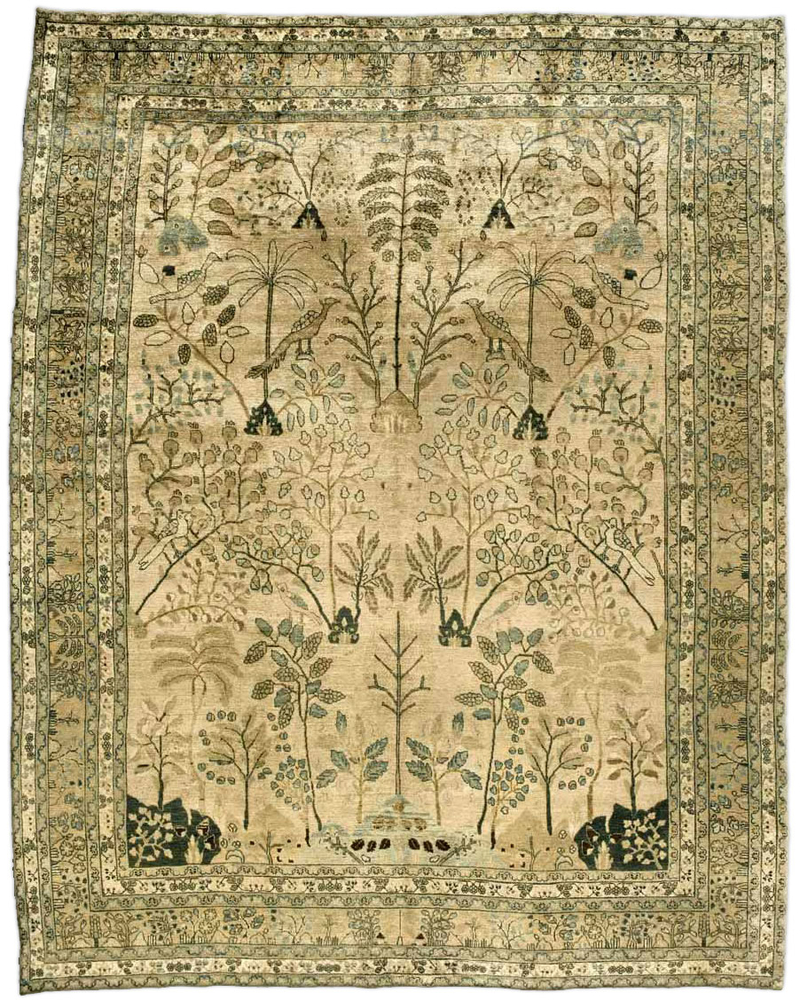 Antique rug Persian meshad beige botanical figurative bb3230 12x10