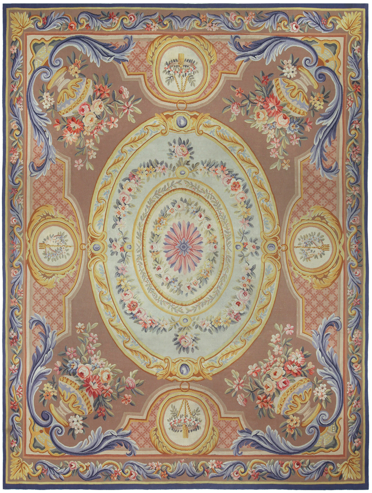 Antique rug French aubusson brown floral botanical bb5215 10x8