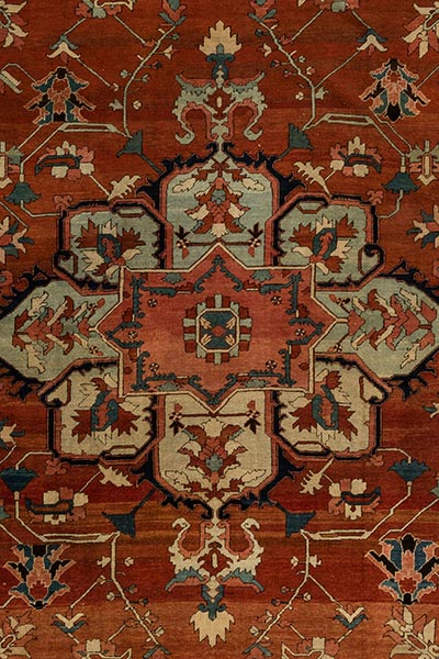 Antique rug Persian heriz blue red botanical 13x11 bb6354