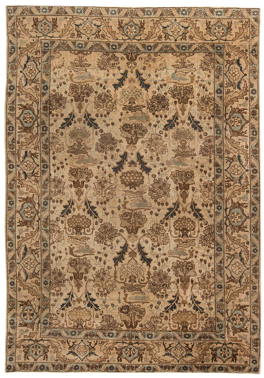 Antique carpet Persian tabriz beige botanical 10x7 bb6304 %281%29