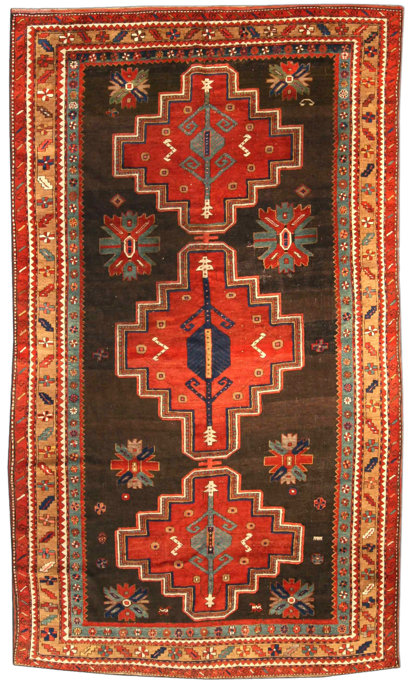 Antique carpets russian caucasian kazak brown geometric bb3912 12x7 %281%29