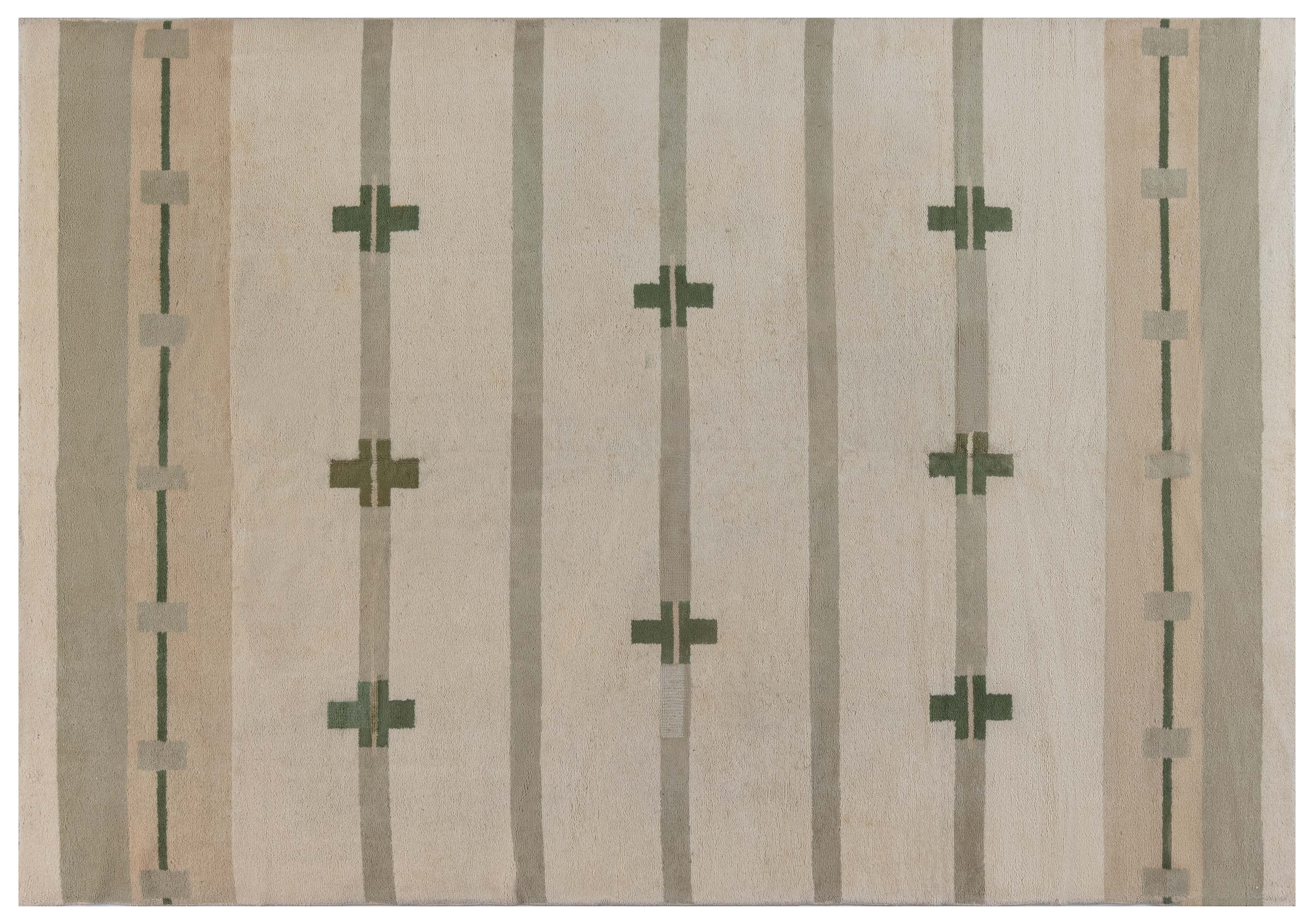 Midcentury Art Deco Handmade Wool Rug in Beige and Green BB7543 by DLB