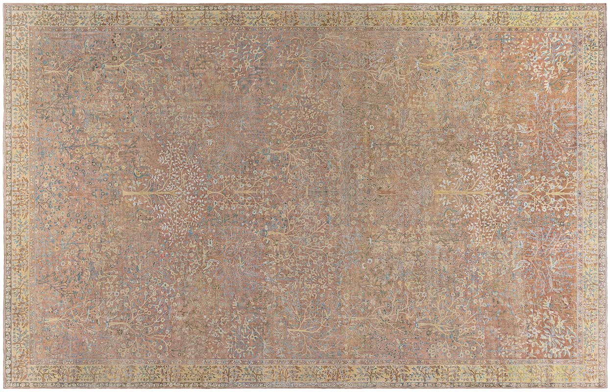 Antique Indian Allover Floral Muted Peach Hand-Knotted Wool Carpet