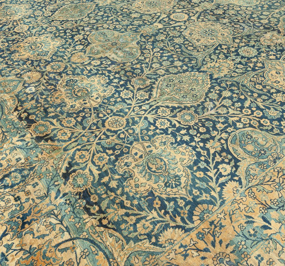Antique Persian Kirman Botanic Navy Blue Background Rug (Size Adjusted) BB0631