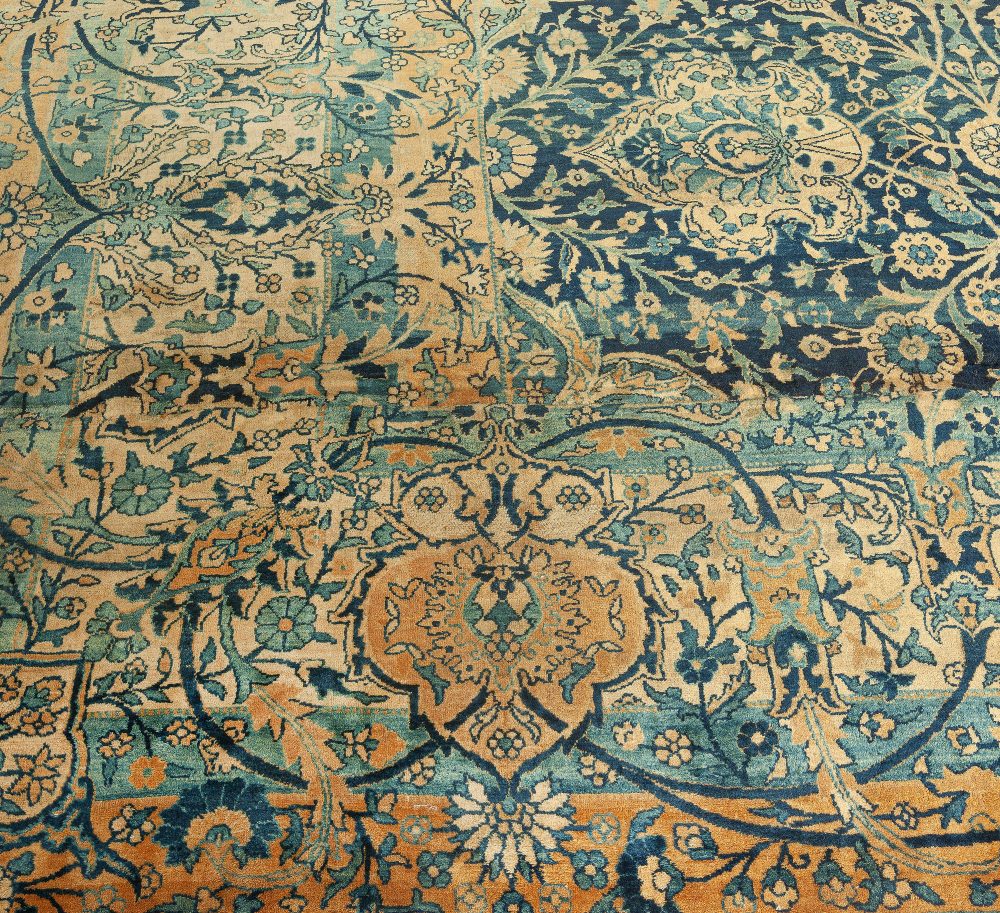 Antique Persian Kirman Botanic Navy Blue Background Rug (Size Adjusted) BB0631