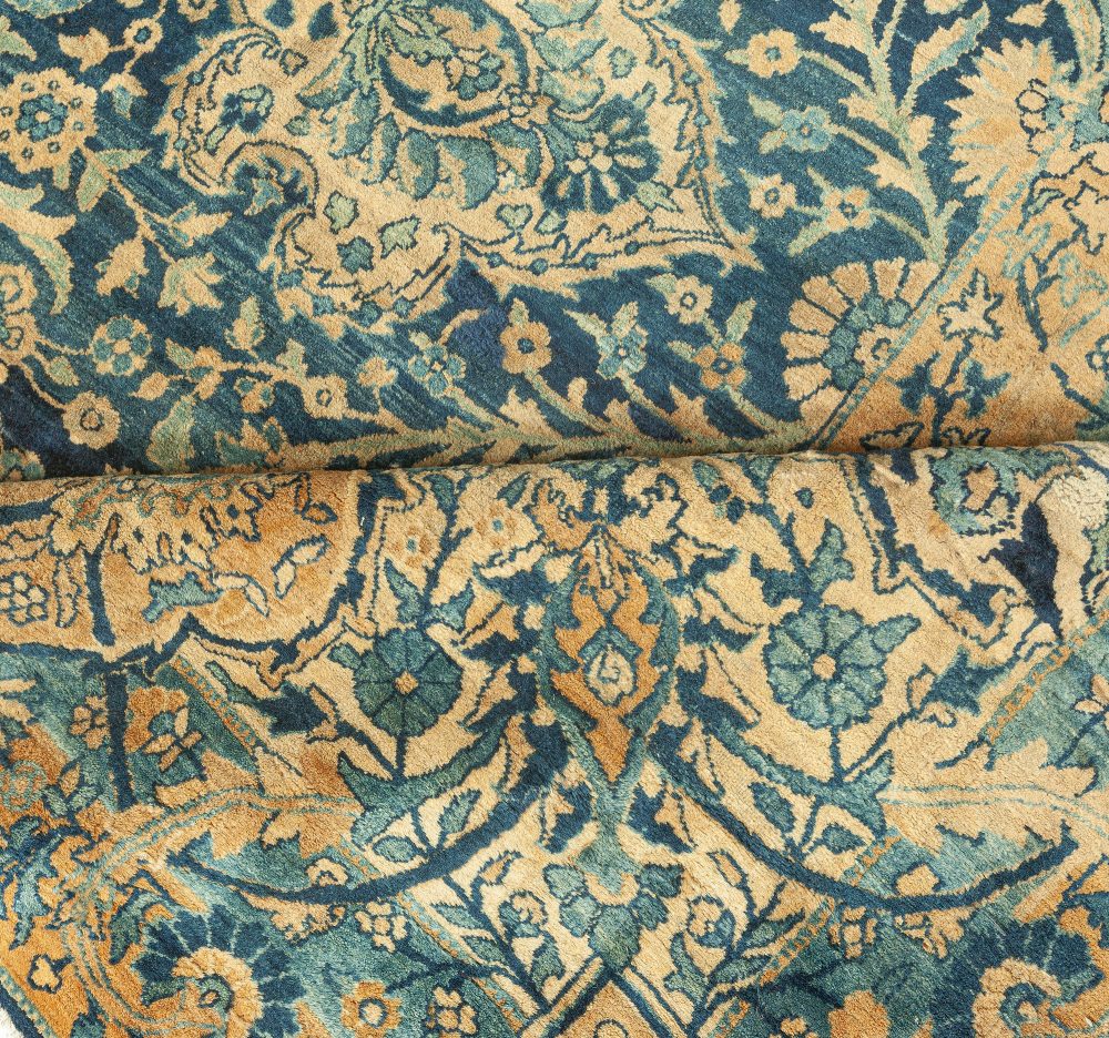 Antique Persian Kirman Botanic Navy Blue Background Rug (Size Adjusted) BB0631