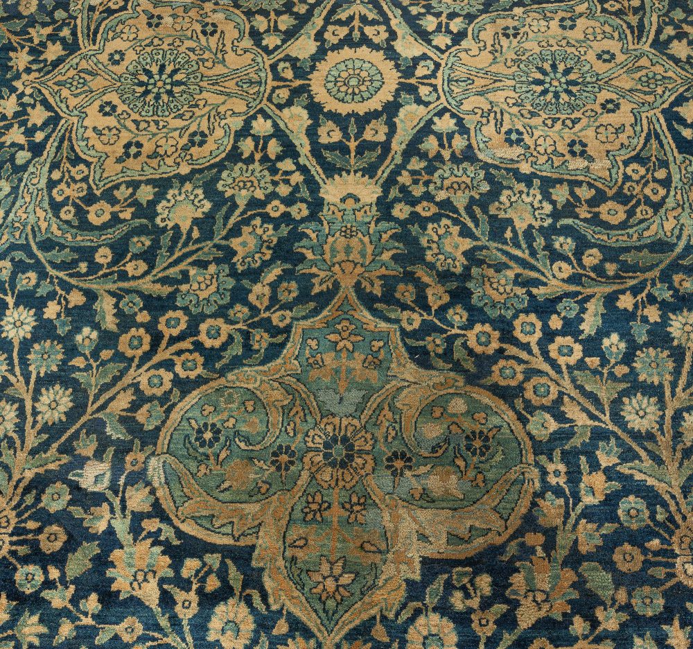 Antique Persian Kirman Botanic Navy Blue Background Rug (Size Adjusted) BB0631