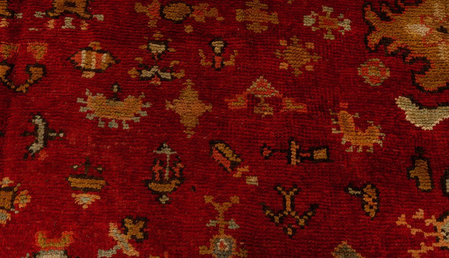 Antique English Axminster Red Handmade Wool Rug BB0749