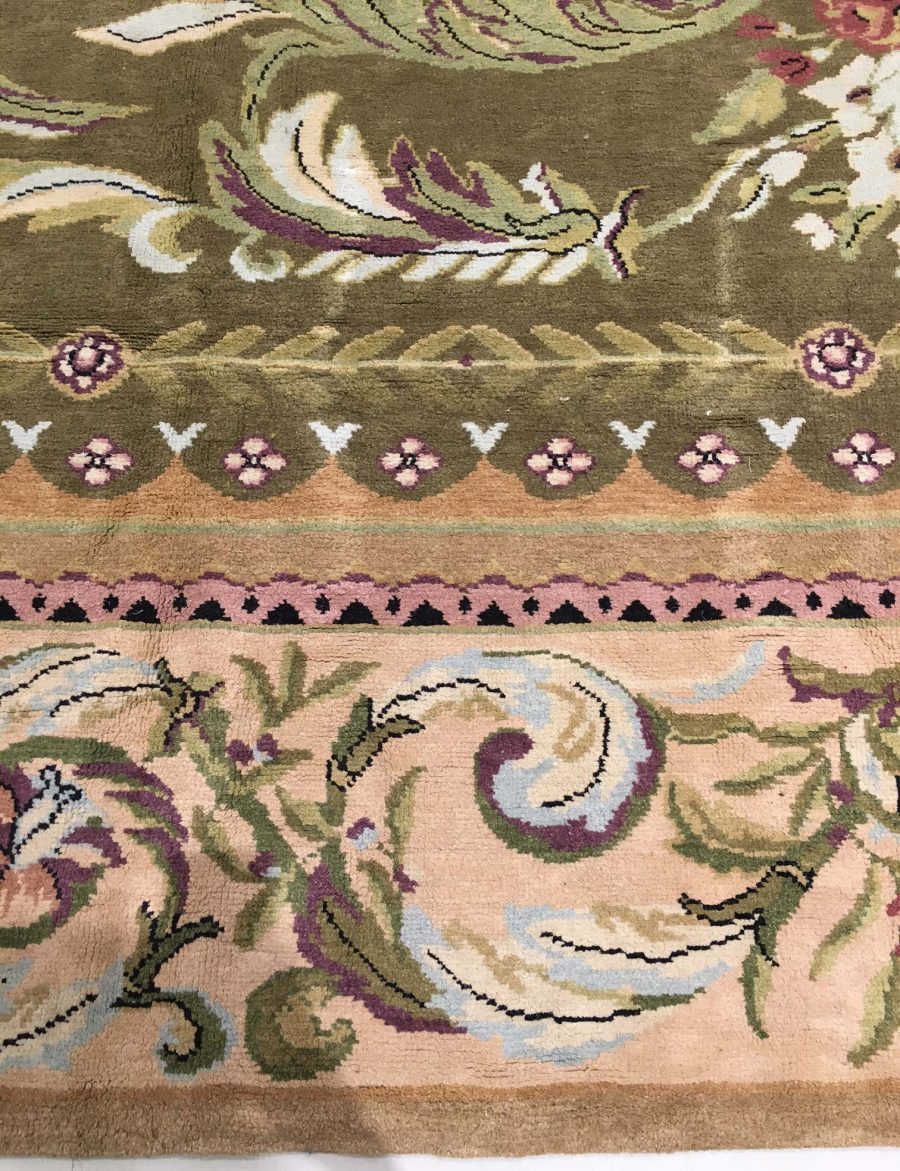 Oversized Antique Savonnerie Bold Botanic Green Hand Knotted Wool Carpet BB1329
