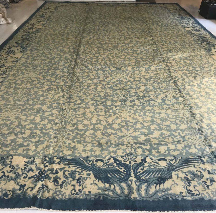 Extra Large Vintage Chinese Art Deco Blue Handmade Wool Rug BB2666