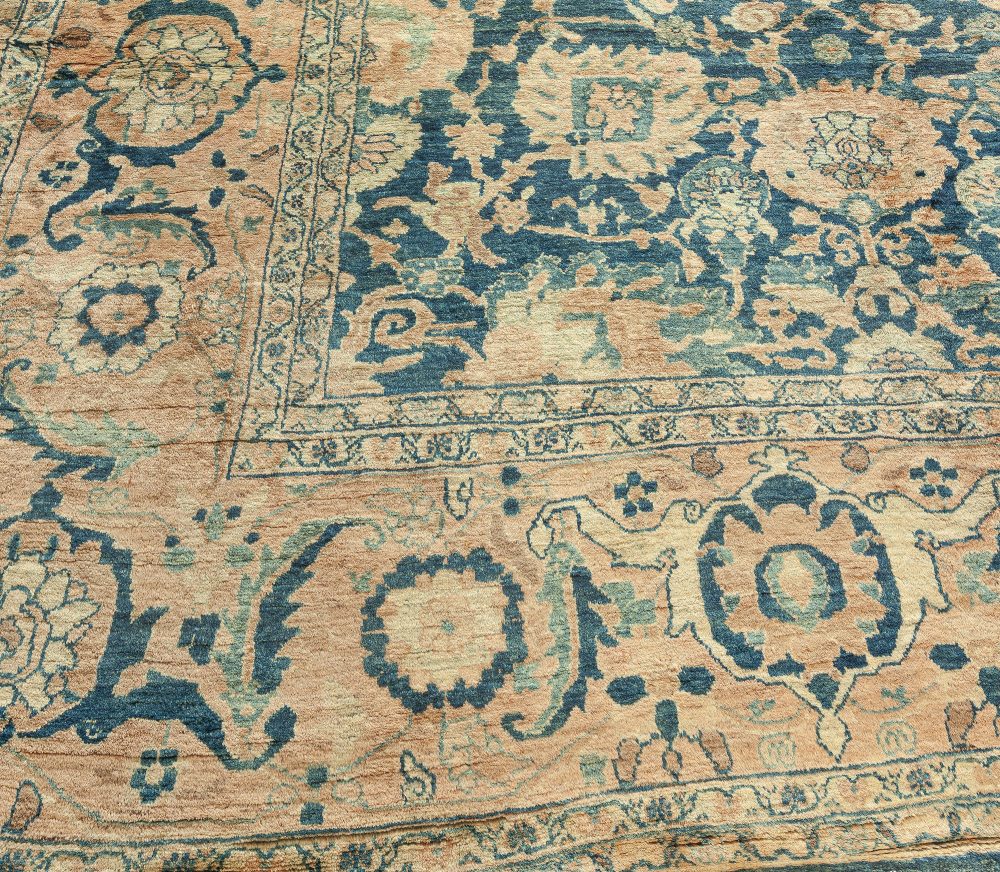Antique Persian Sarouk Botanic Navy Blue Background Handmade Wool Rug BB2673