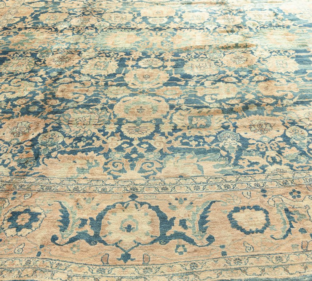 Antique Persian Sarouk Botanic Navy Blue Background Handmade Wool Rug BB2673