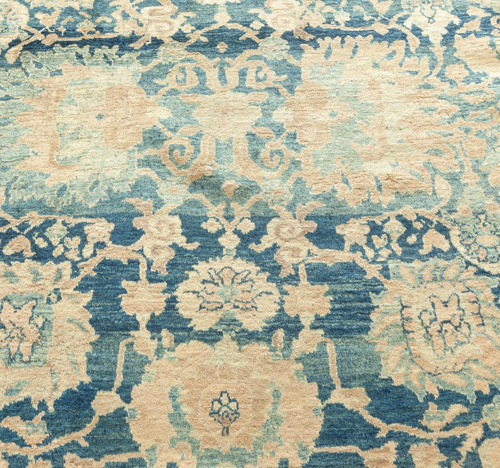 Antique Persian Sarouk Botanic Navy Blue Background Handmade Wool Rug BB2673