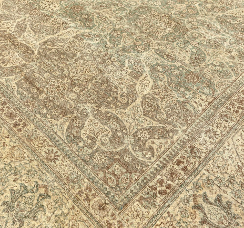 Authentic 19th Century Persian Tabriz Green, Brown Botanic Carpet BB2862