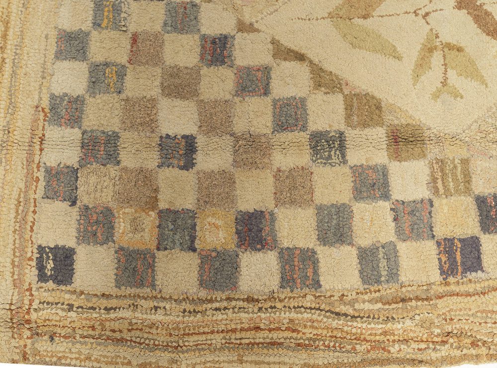 Mid-20th century Botanic Motifs on Checkered Beige Background Hooked Wool Rug BB3025