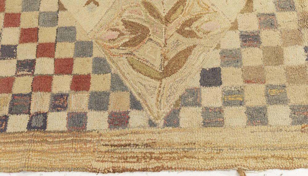 Mid-20th century Botanic Motifs on Checkered Beige Background Hooked Wool Rug BB3025