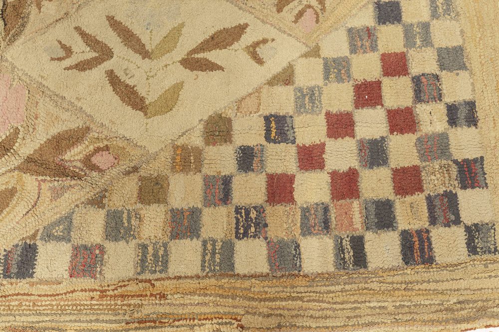 Mid-20th century Botanic Motifs on Checkered Beige Background Hooked Wool Rug BB3025