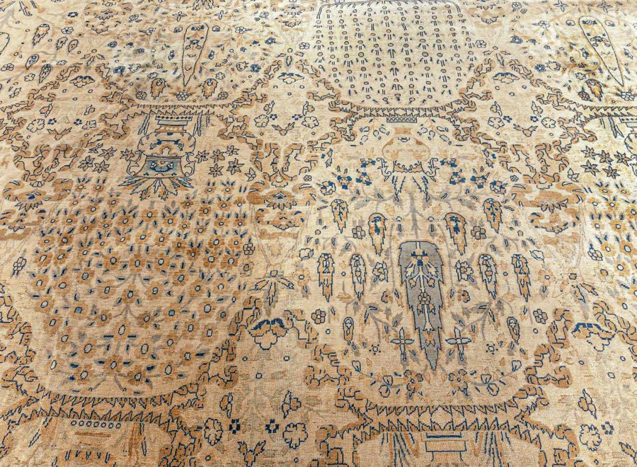 Oversized Antique North Indian Botanic Beige Hand Knotted Wool Rug BB3110