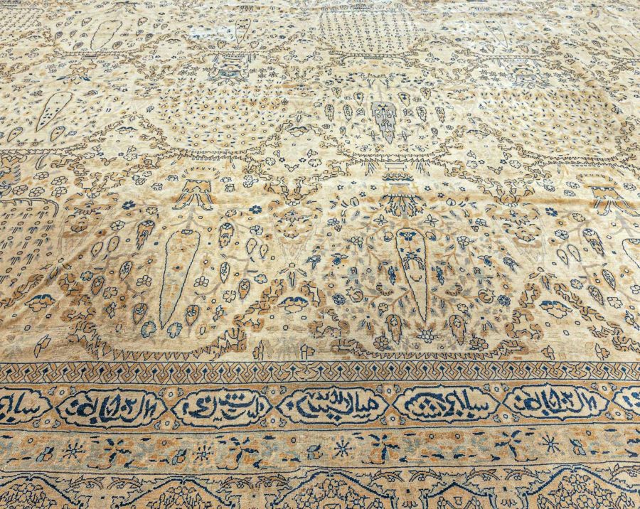 Oversized Antique North Indian Botanic Beige Hand Knotted Wool Rug BB3110