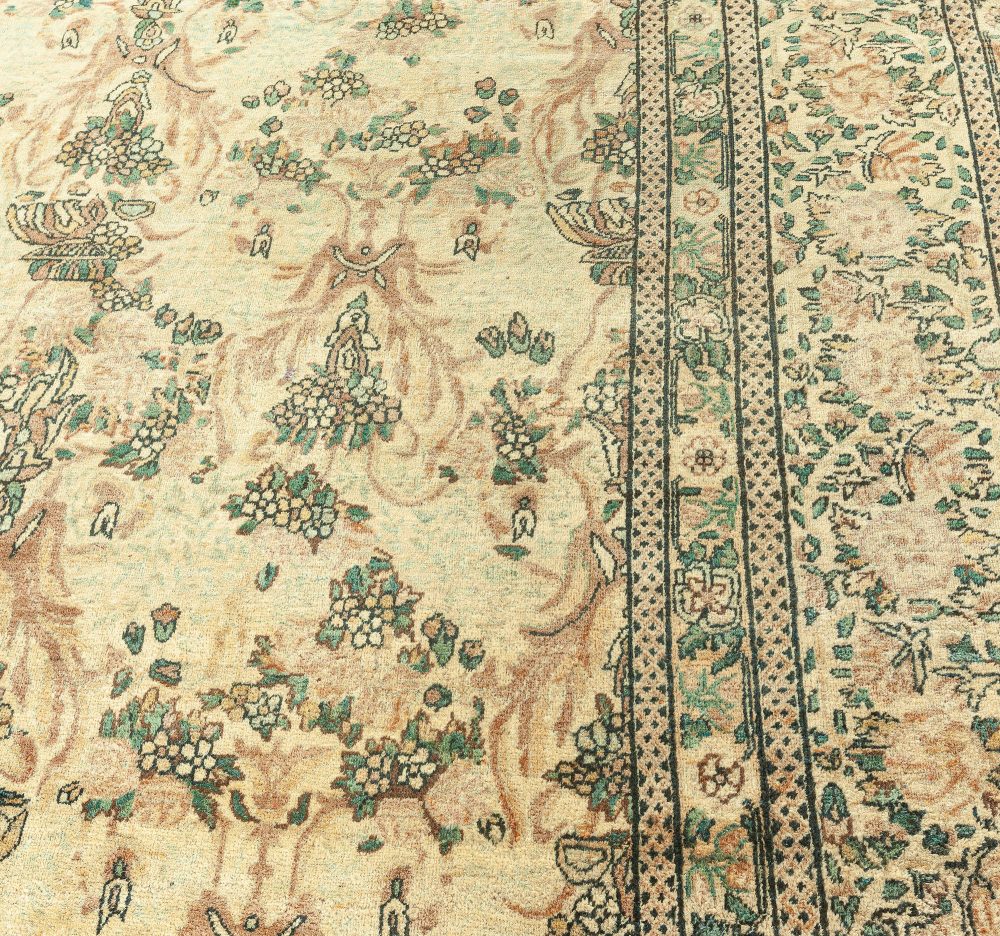 Antique Persian Kirman Beige, Brown, Green Hand Knotted Wool Carpet BB3176