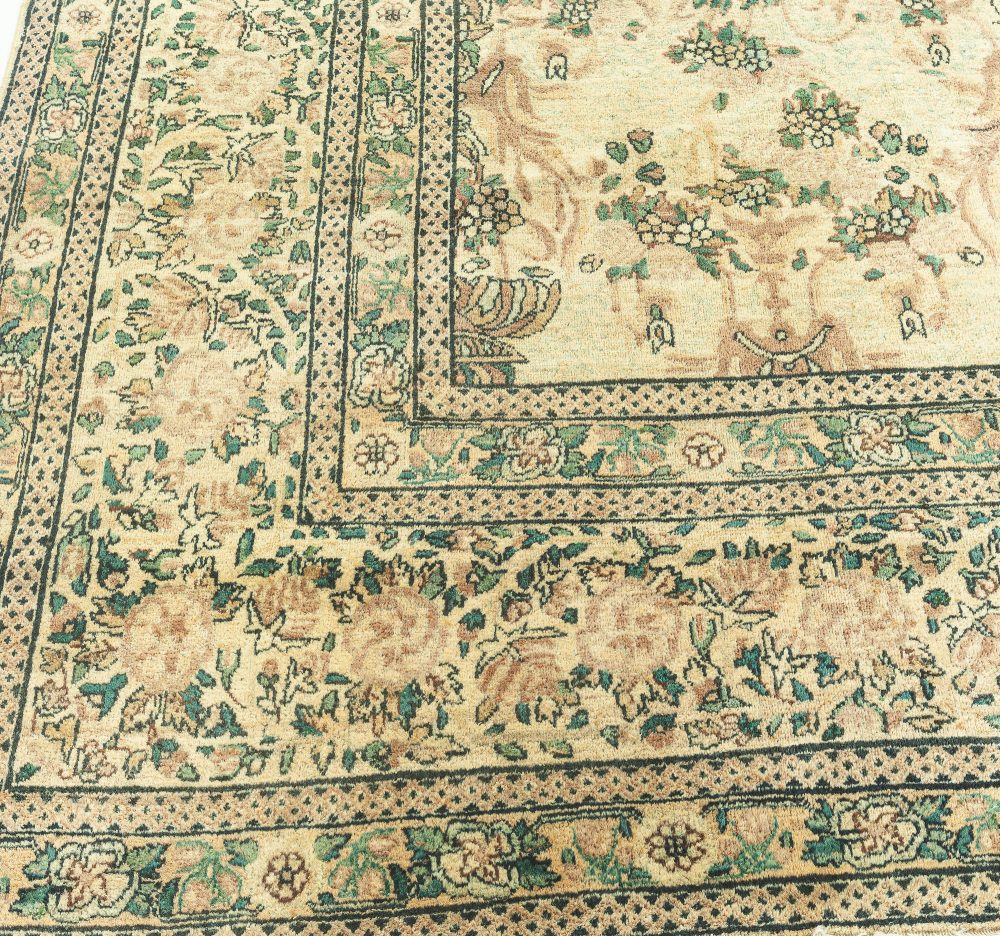 Antique Persian Kirman Beige, Brown, Green Hand Knotted Wool Carpet BB3176