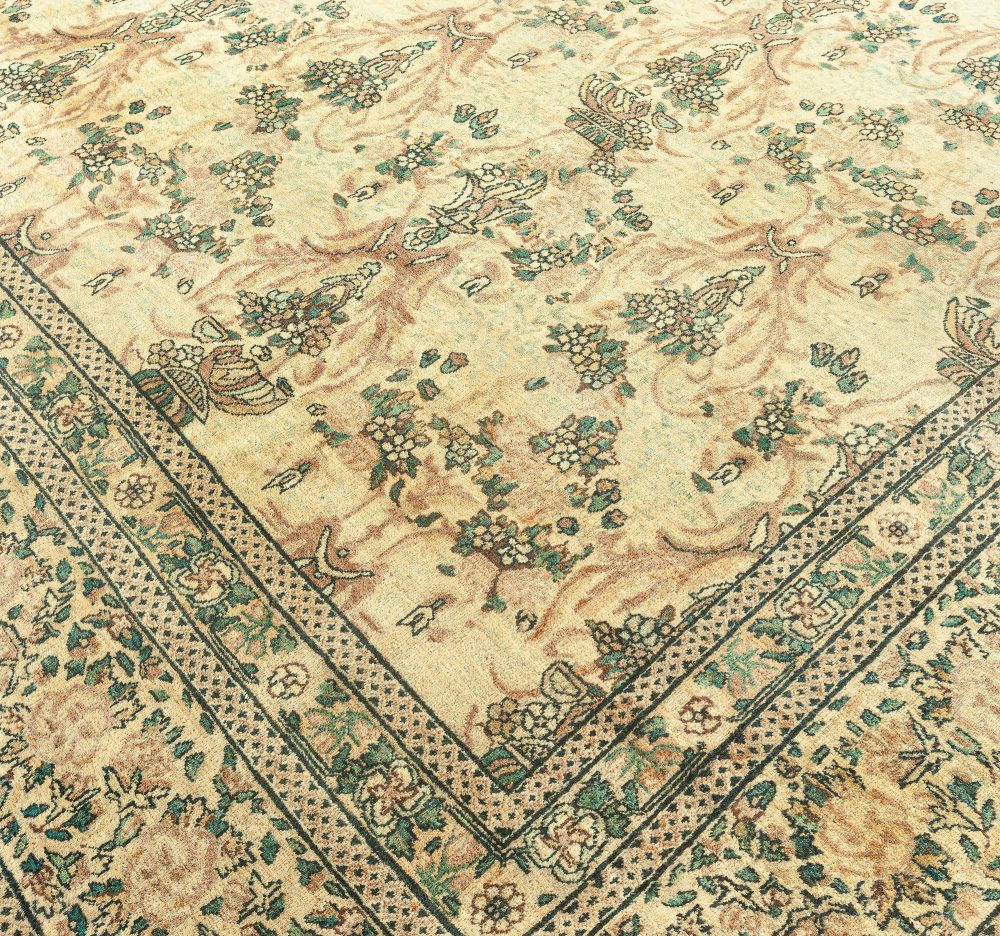Antique Persian Kirman Beige, Brown, Green Hand Knotted Wool Carpet BB3176