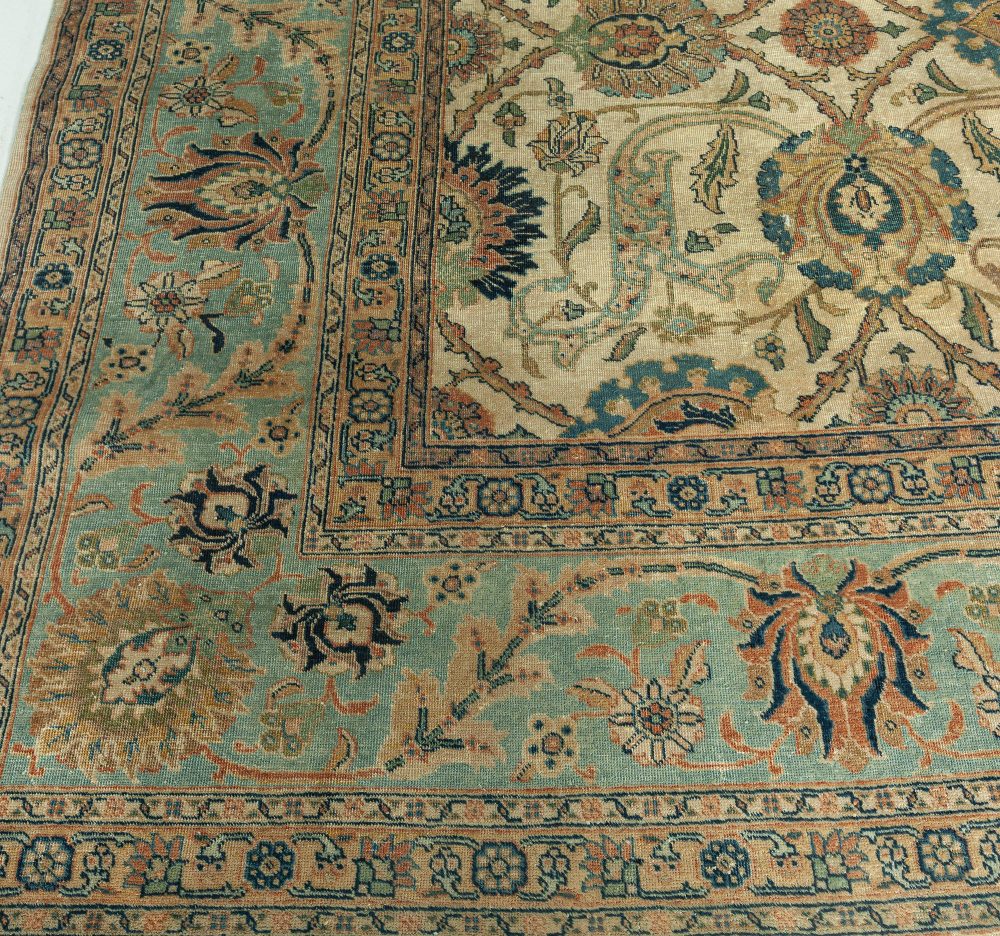 Antique Botanic Cream, Blue Persian Tabriz Hand Knotted Wool Rug BB3355