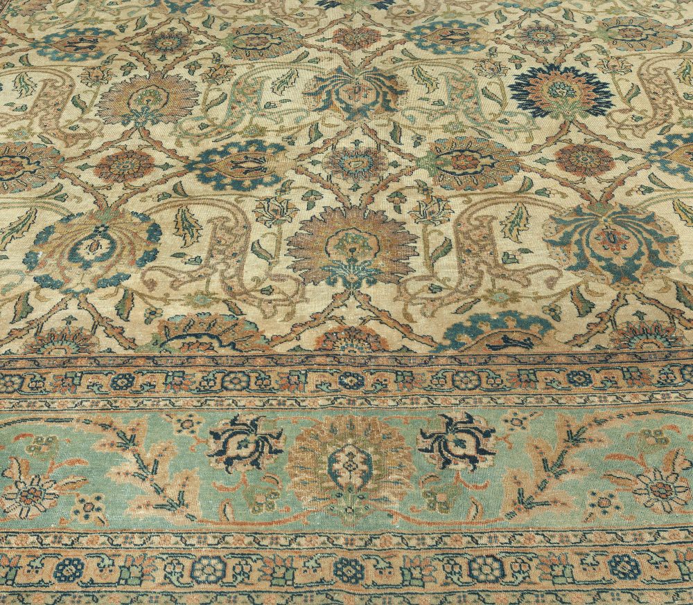 Antique Botanic Cream, Blue Persian Tabriz Hand Knotted Wool Rug BB3355