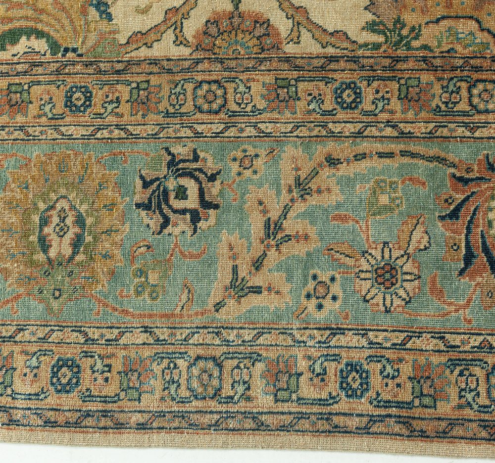 Antique Botanic Cream, Blue Persian Tabriz Hand Knotted Wool Rug BB3355