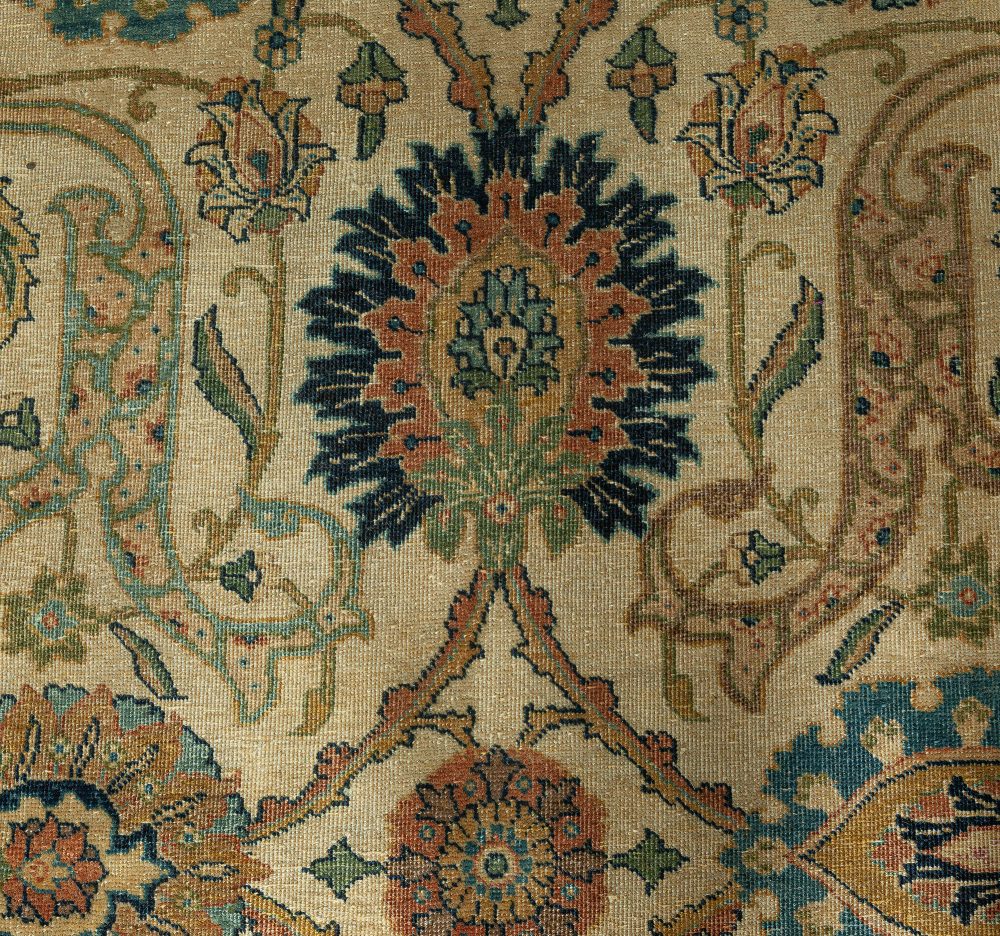 Antique Botanic Cream, Blue Persian Tabriz Hand Knotted Wool Rug BB3355