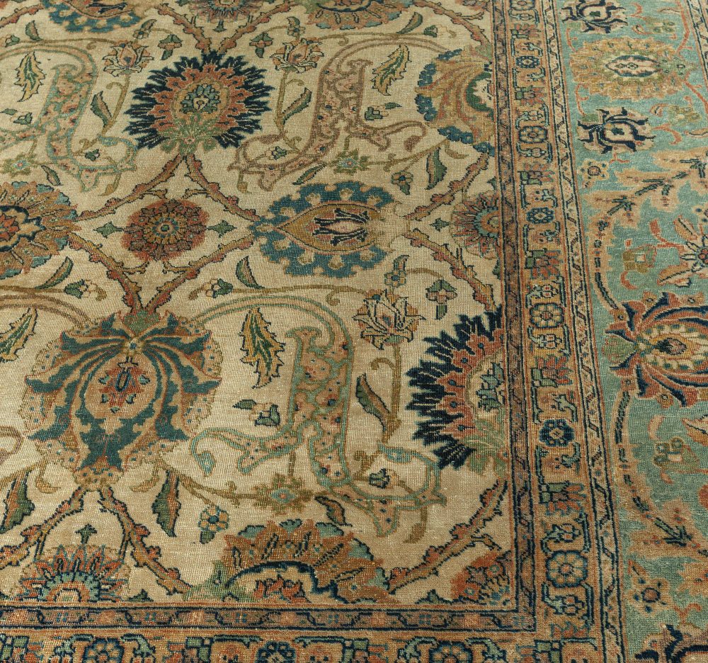 Antique Botanic Cream, Blue Persian Tabriz Hand Knotted Wool Rug BB3355