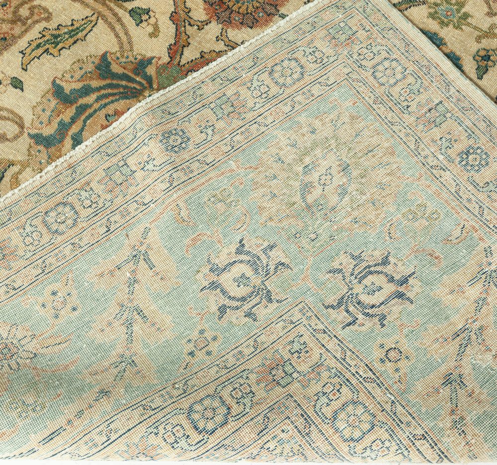 Antique Botanic Cream, Blue Persian Tabriz Hand Knotted Wool Rug BB3355