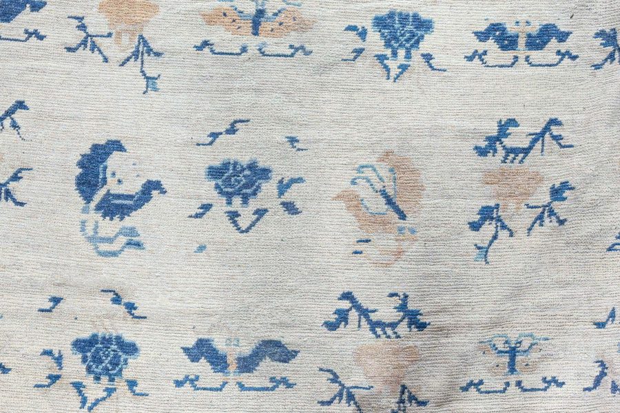 Authentic 19th Century Chinese Botanic, Beige, Blue Handmade Wool Carpet BB3574