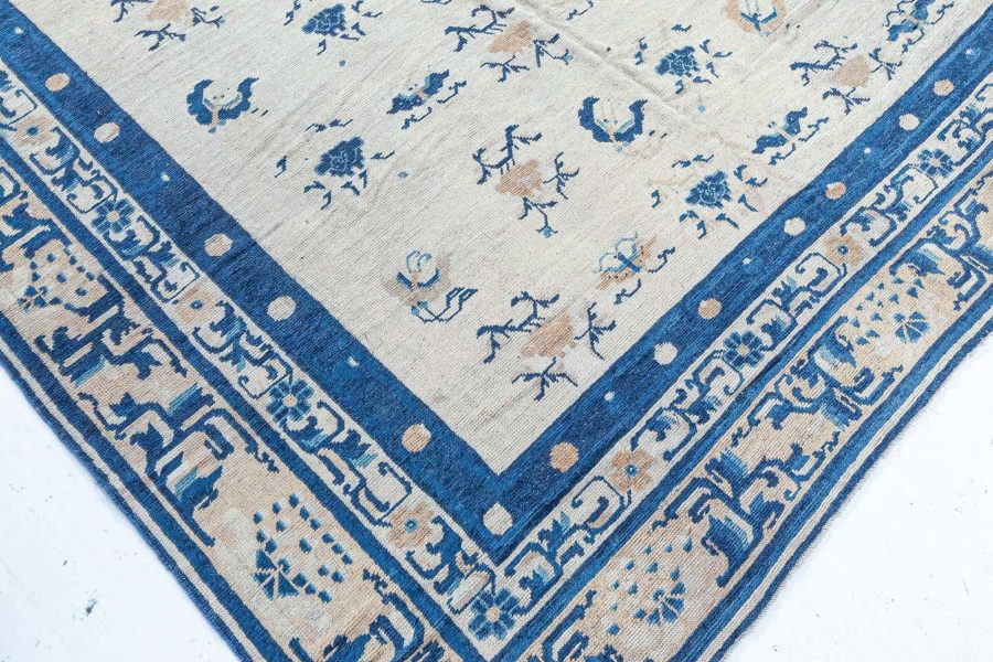 Authentic 19th Century Chinese Botanic, Beige, Blue Handmade Wool Carpet BB3574