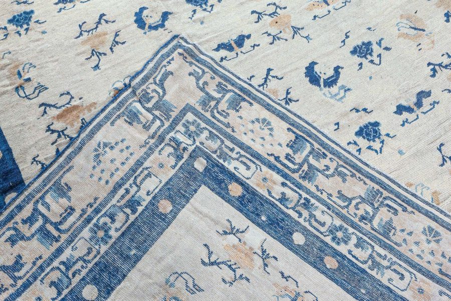 Authentic 19th Century Chinese Botanic, Beige, Blue Handmade Wool Carpet BB3574