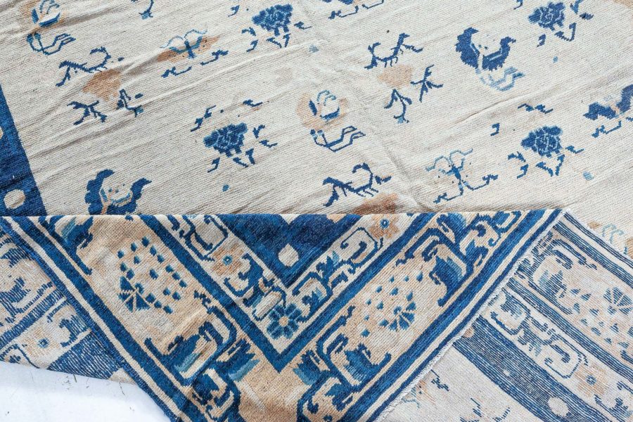 Authentic 19th Century Chinese Botanic, Beige, Blue Handmade Wool Carpet BB3574