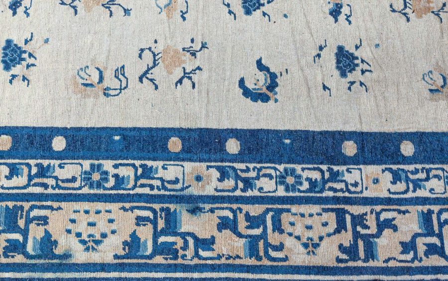 Authentic 19th Century Chinese Botanic, Beige, Blue Handmade Wool Carpet BB3574