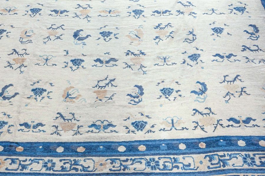 Authentic 19th Century Chinese Botanic, Beige, Blue Handmade Wool Carpet BB3574