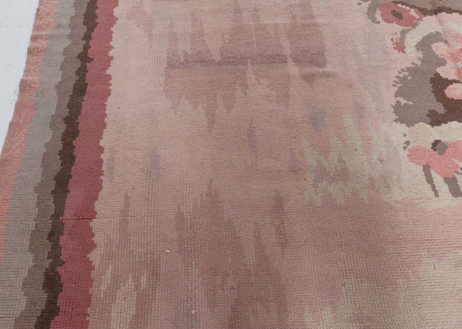 Vintage French Art Deco Pink Botanic Handmade Wool Rug BB3779