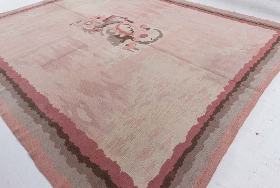 Vintage French Art Deco Pink Botanic Handmade Wool Rug BB3779