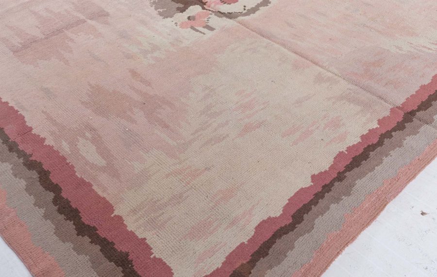 Vintage French Art Deco Pink Botanic Handmade Wool Rug BB3779