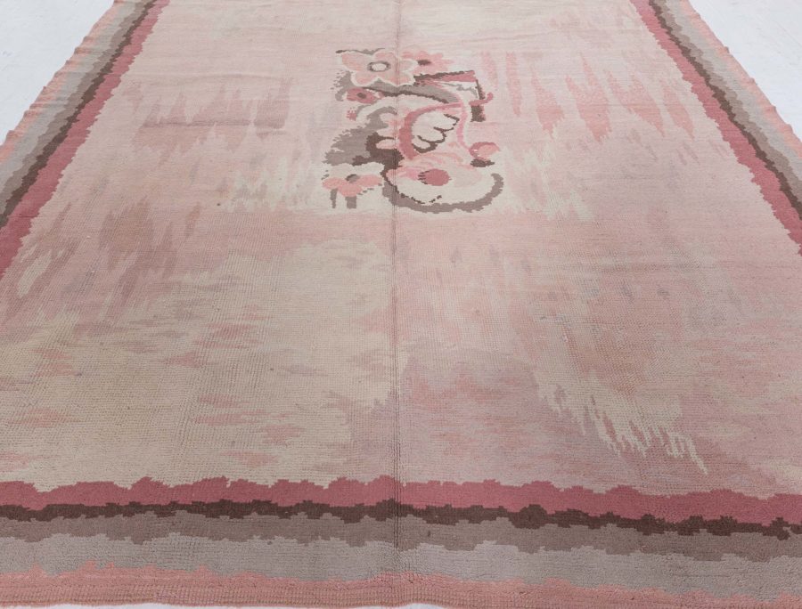 Vintage French Art Deco Pink Botanic Handmade Wool Rug BB3779