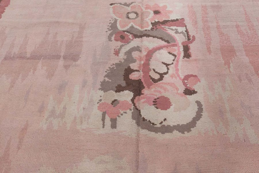 Vintage French Art Deco Pink Botanic Handmade Wool Rug BB3779