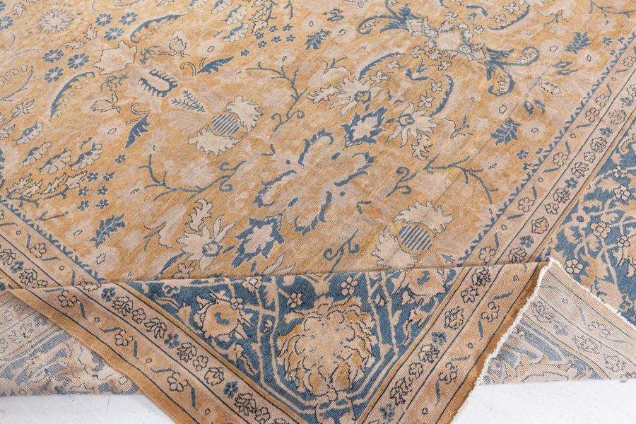 Authentic 19th Century Indian Yellow Beige Botanic Handmade Wool Rug BB3811