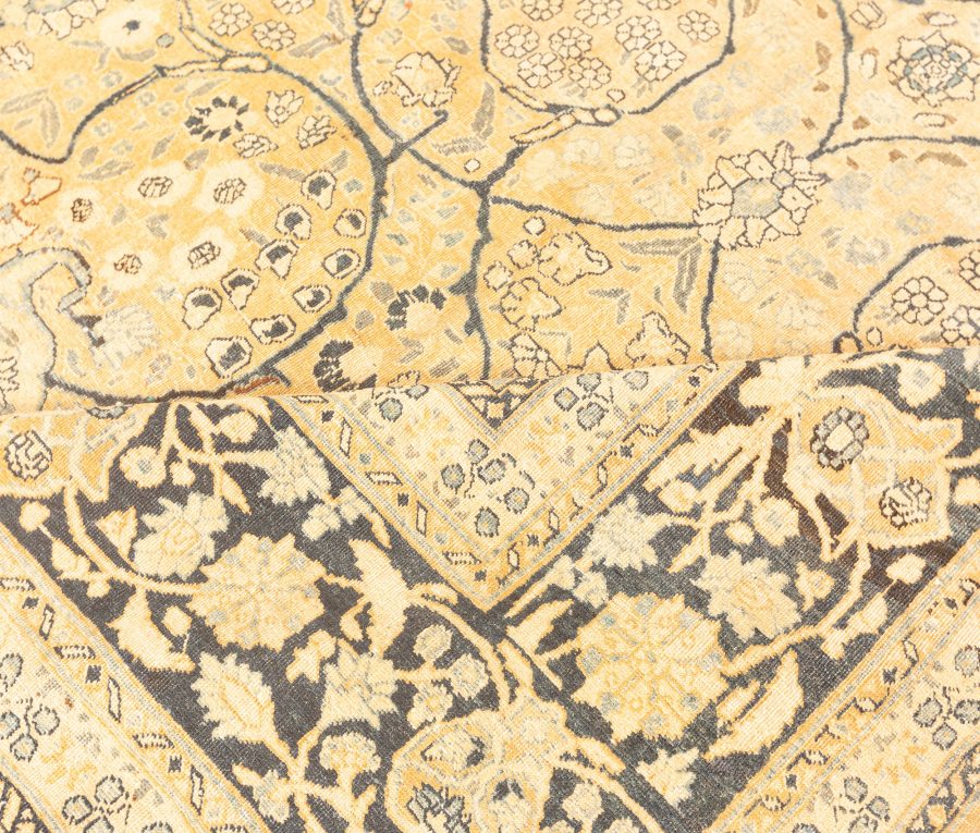 Fine Antique Persian Meshad Botanic Yellow Hand Knotted Wool Rug BB3827