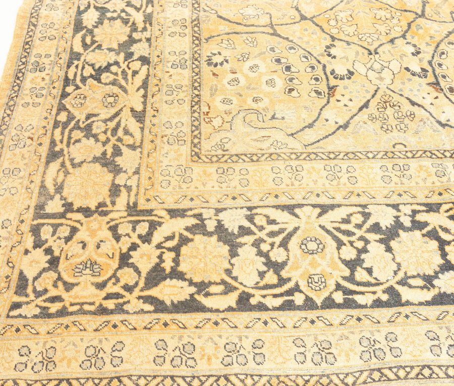 Fine Antique Persian Meshad Botanic Yellow Hand Knotted Wool Rug BB3827